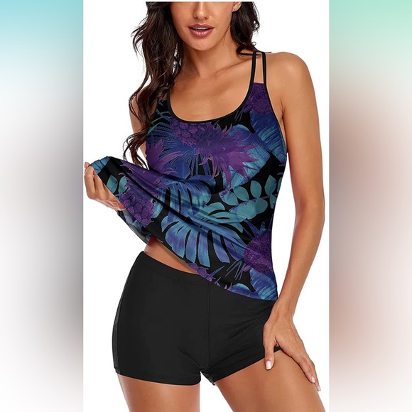 2025 Tankini 2 Piece Swimsuits Tummy Control Flowy Swimwear Top + Boy‎ Shorts L - Picture 2 of 3